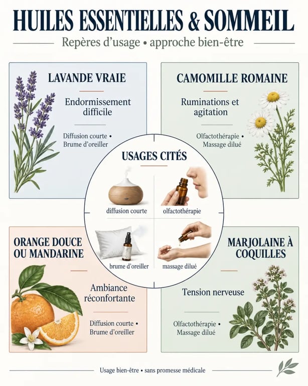 Huile essentielle sommeil : visuel comparatif des huiles et modes d’utilisation selon le besoin du soir