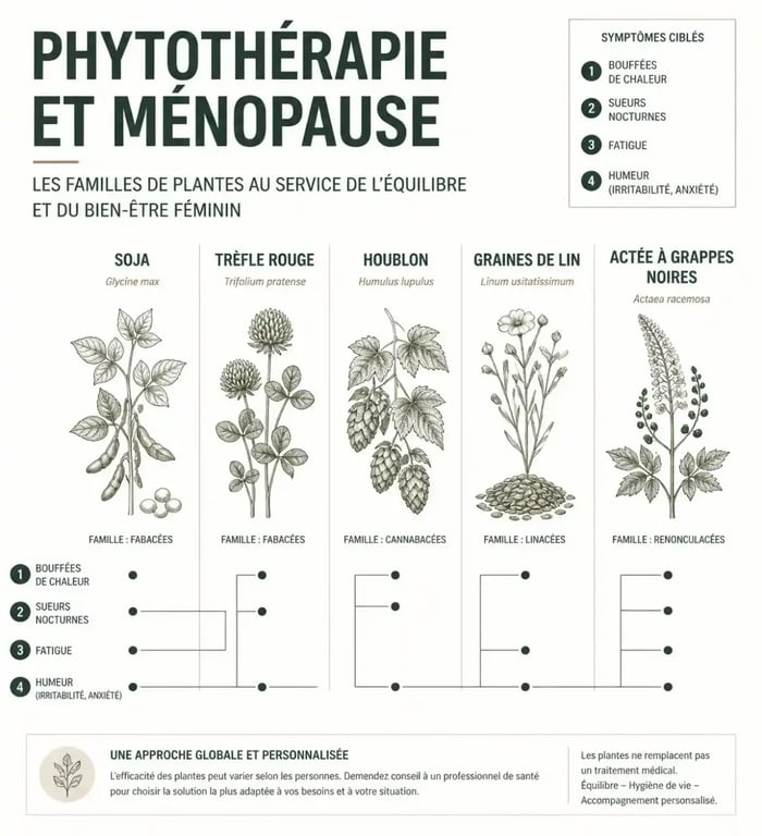 Infographie phytothérapie ménopause présentant les plantes et symptômes ciblés