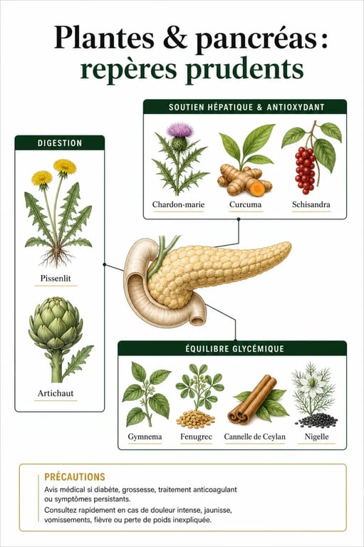 Tisane pour nettoyer le pancréas : plantes utiles, objectifs et précautions dans une infographie