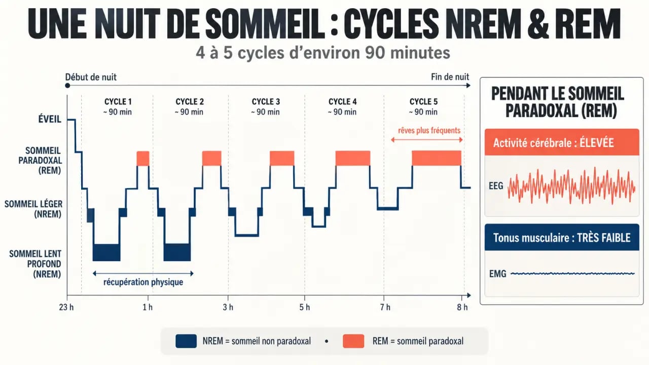 Schéma du REM sommeil et de l’alternance entre sommeil lent et sommeil paradoxal au cours de la nuit