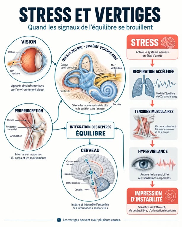 Schéma expliquant le lien entre stress et vertiges et le rôle du système vestibulaire