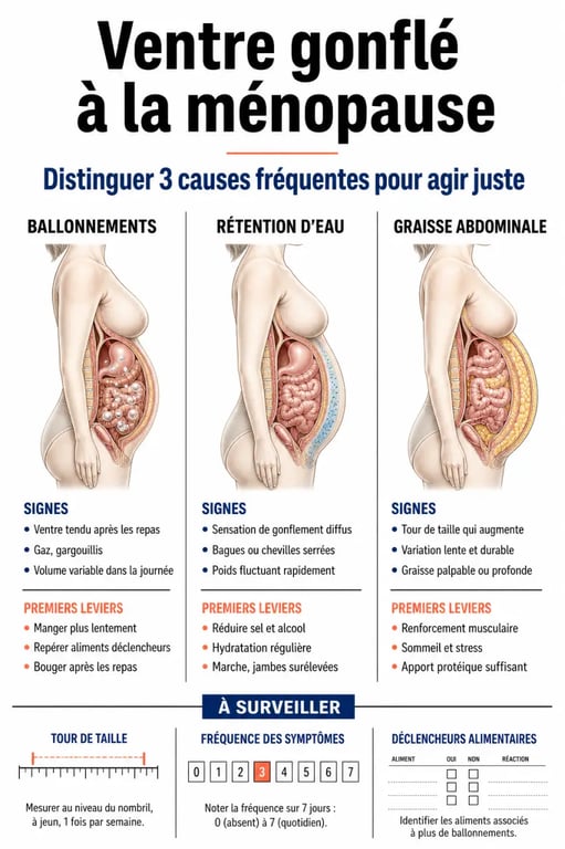 Ménopause gonflement du ventre : comparaison visuelle entre ballonnements, rétention d’eau et graisse abdominale