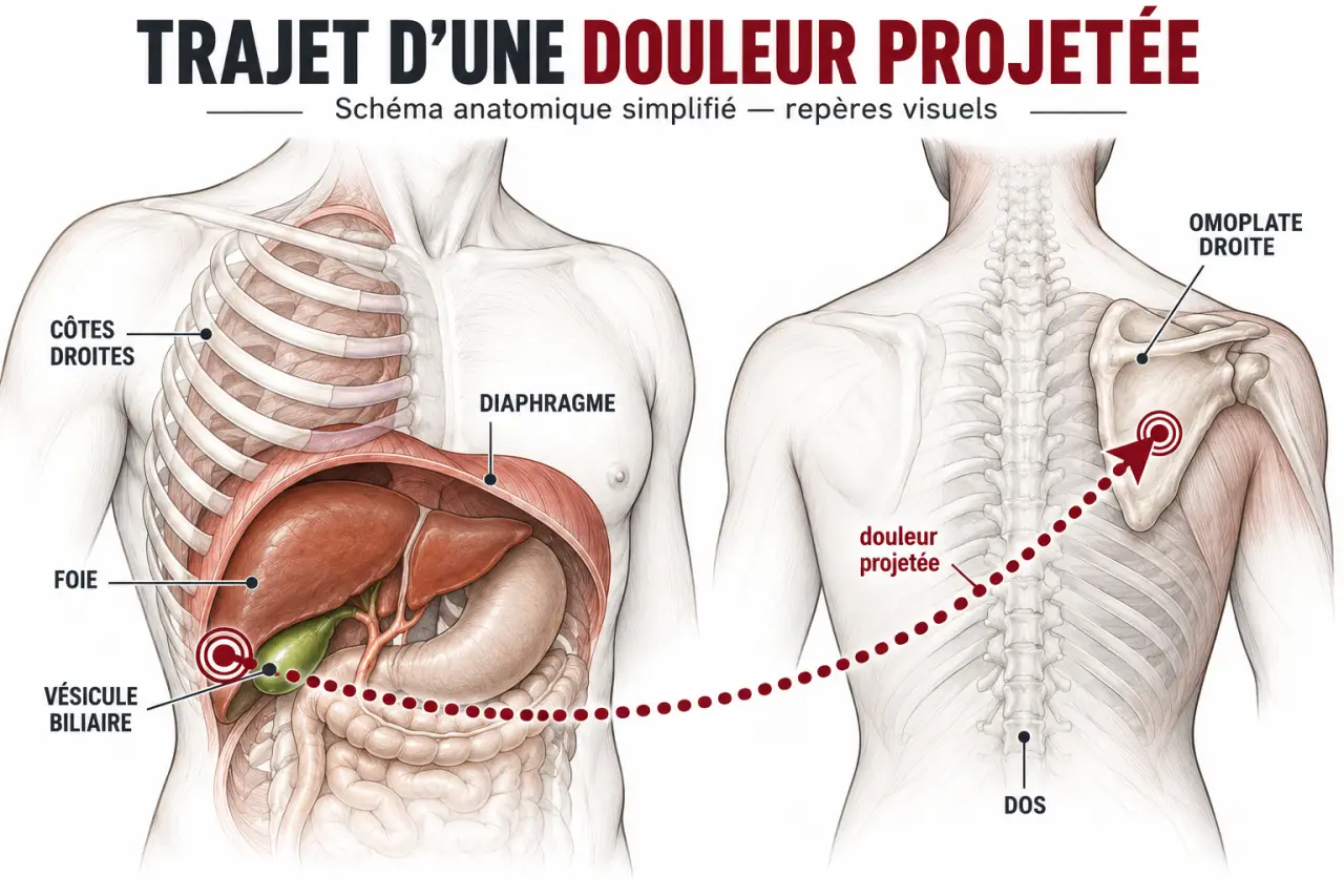 Schéma expliquant le lien entre foie engorgé et mal de dos, la vésicule biliaire et la douleur projetée