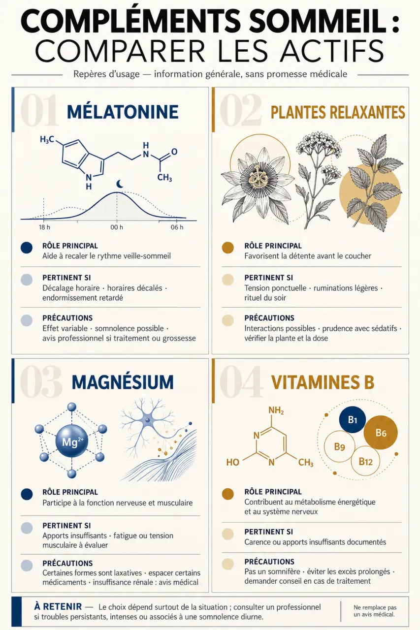 Complément alimentaire sommeil : comparaison visuelle de la mélatonine, des plantes, du magnésium et des vitamines B