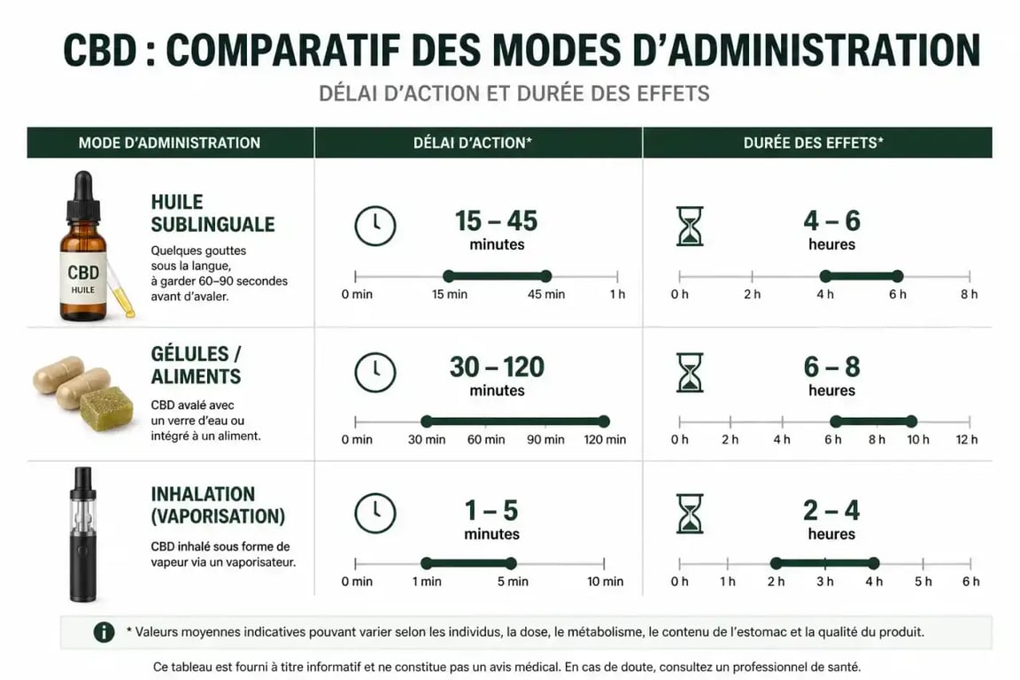 CBD anxiété : tableau visuel des délais d’action et de la durée des effets selon le mode d’administration