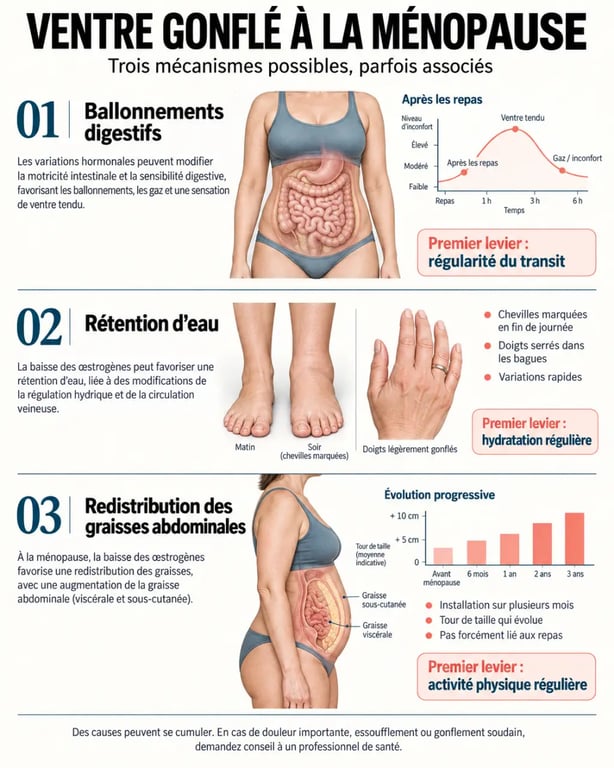 Infographie sur le ventre gonflé à la ménopause : ballonnements, rétention d’eau ou graisse abdominale