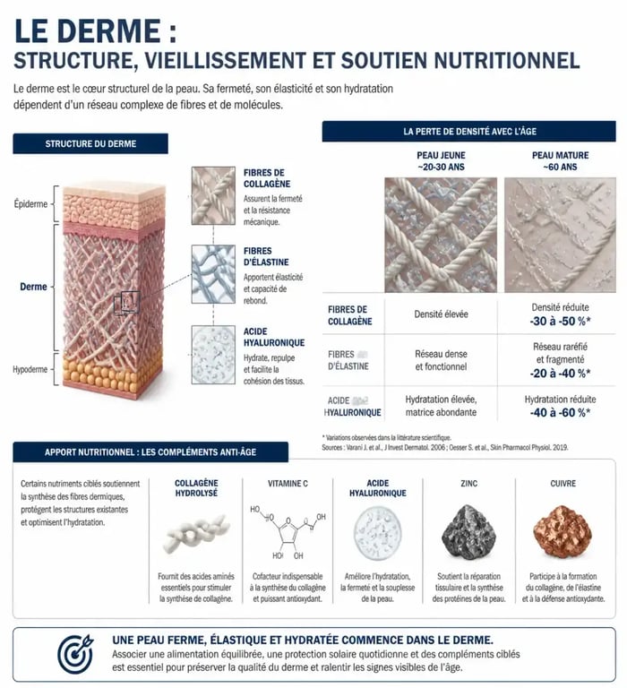 Schéma scientifique illustrant le rôle des compléments alimentaires anti-âge sur la structure du derme et la production de collagène.