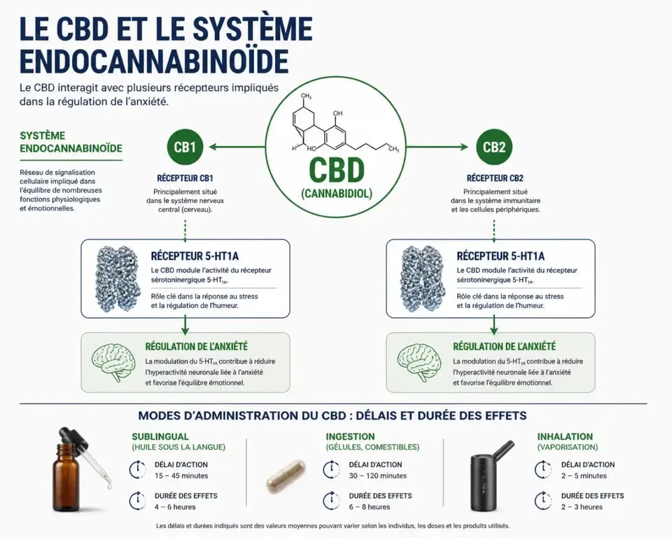 CBD anxiété : schéma scientifique du système endocannabinoïde, des récepteurs 5-HT1A et des modes d’administration