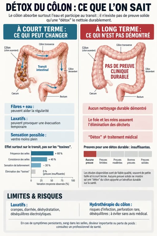 Détox colon avis : infographie sur les effets ressentis, les preuves limitées et les risques des méthodes