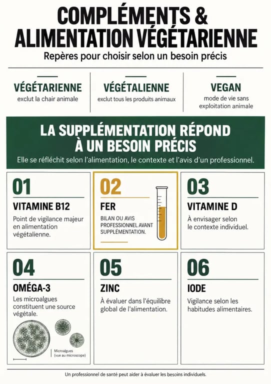 Infographie sur le complément alimentaire végétarien et les nutriments à surveiller