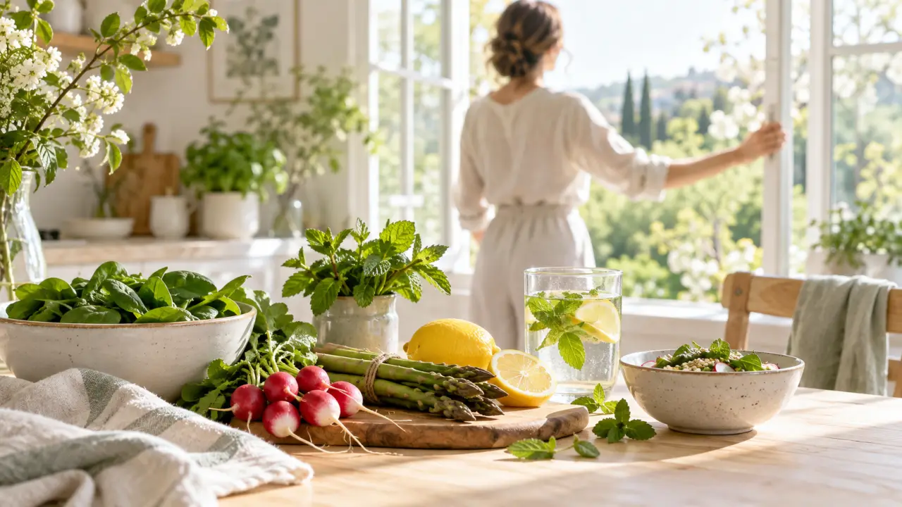 Table printanière avec légumes frais, herbes aromatiques et infusion
