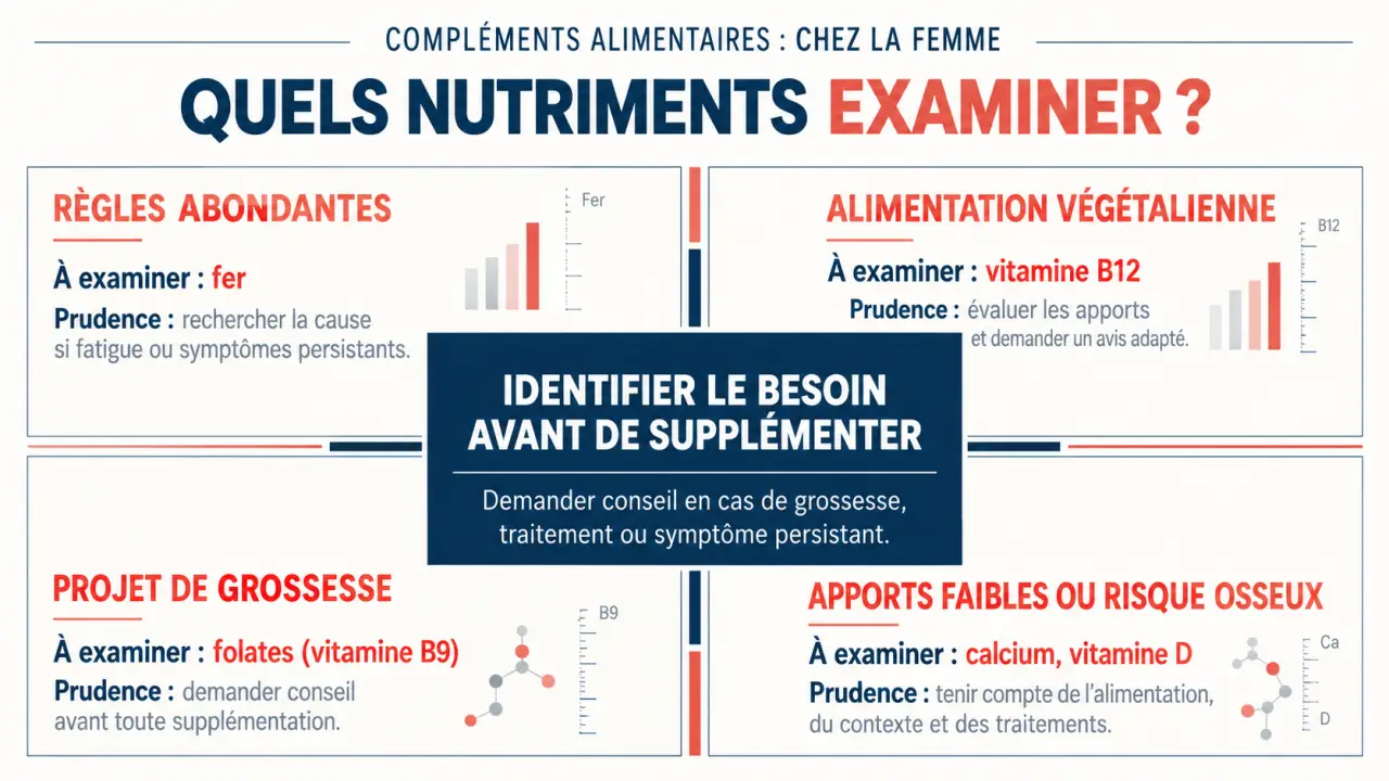 Infographie sur les compléments alimentaires pour femme selon la situation et le nutriment à examiner