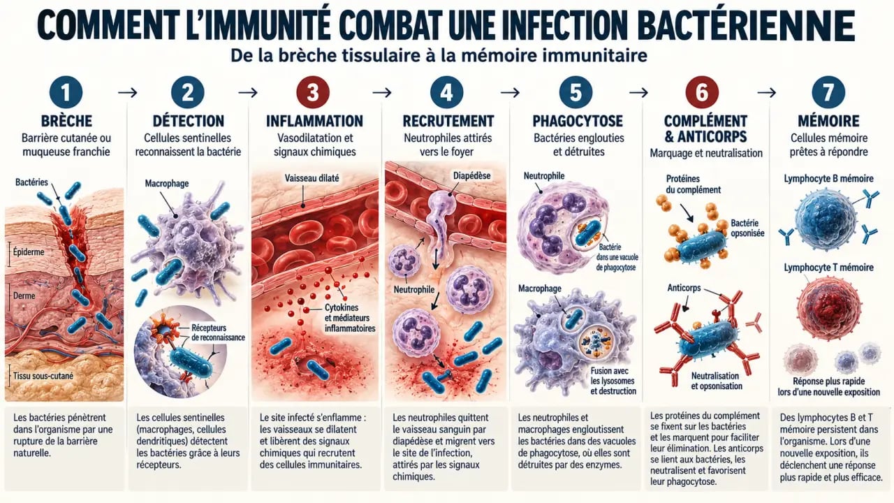 Schéma expliquant comment le système immunitaire combat une infection bactérienne