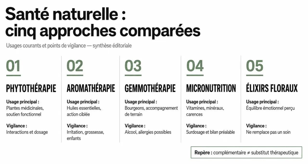 Sante naturelle : comparaison visuelle des principales approches, usages et précautions
