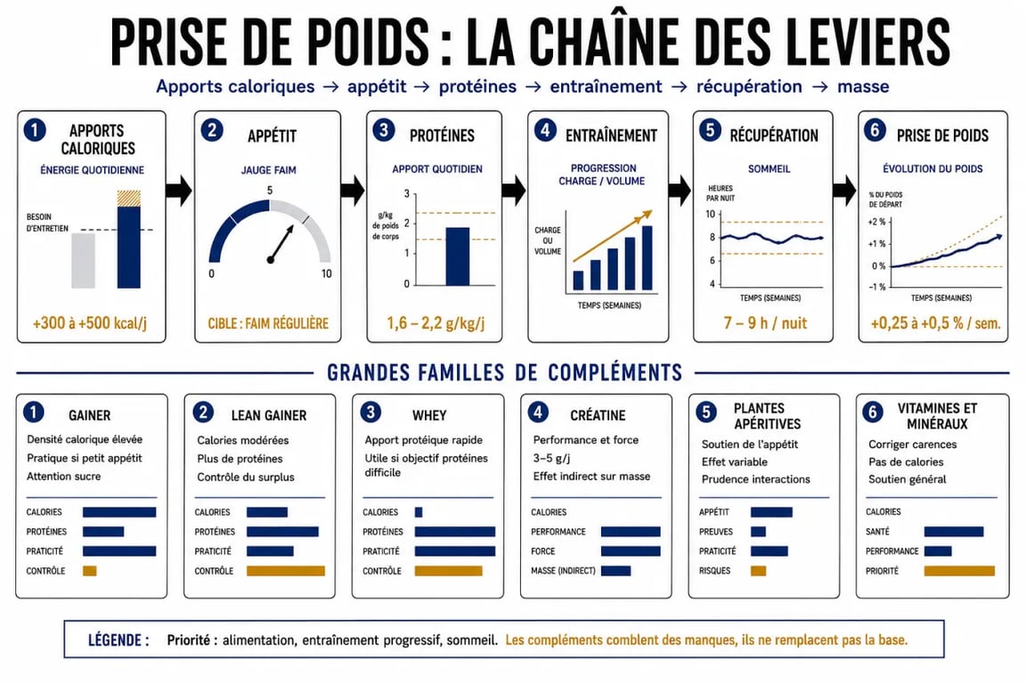 Compléments alimentaires pour grossir : visuel comparatif des compléments et de la logique prise de poids