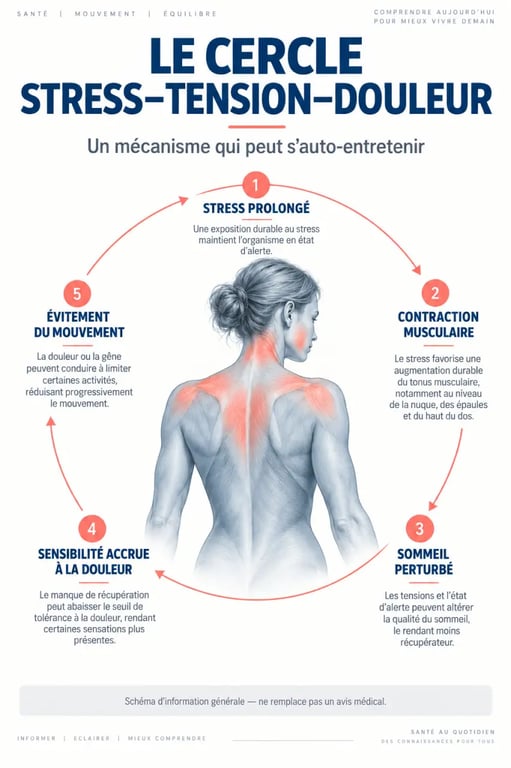 Stress et douleurs musculaires et articulaires : cercle entre tension, sommeil perturbé et sensibilité à la douleur