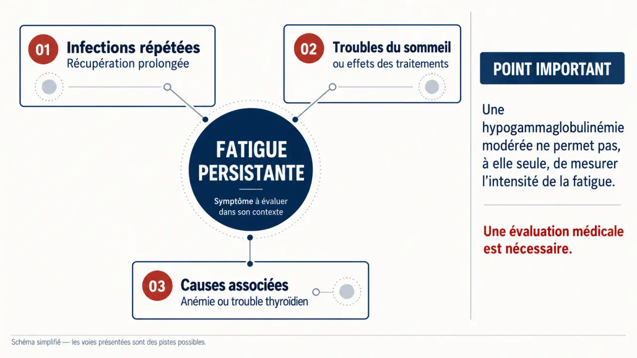 Schéma expliquant le lien possible entre hypogammaglobulinémie modérée et fatigue persistante