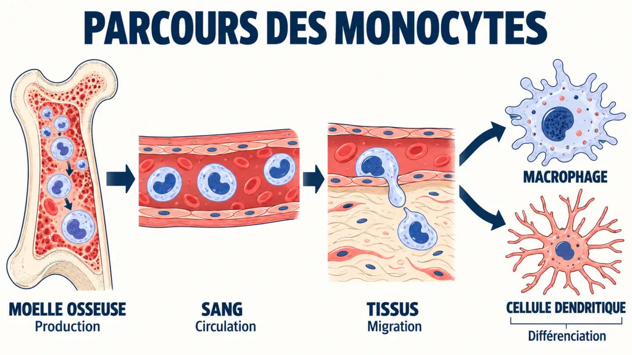 Schéma du parcours des monocytes en cas de monocytes elevé, de la moelle osseuse aux tissus