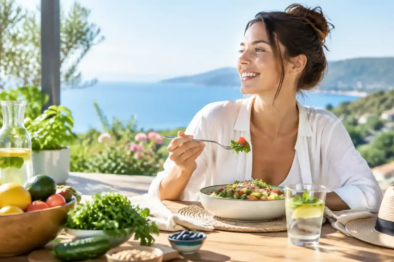 Table estivale avec des légumes frais, des herbes aromatiques et un repas équilibré