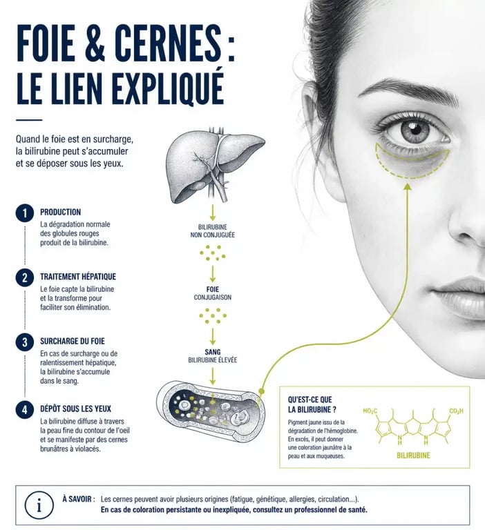 Schéma expliquant le lien entre yeux cernés et foie via la bilirubine