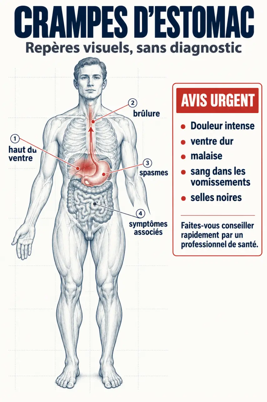 Schéma médical pour comprendre les crampes estomac, la douleur épigastrique et les signes d’alerte