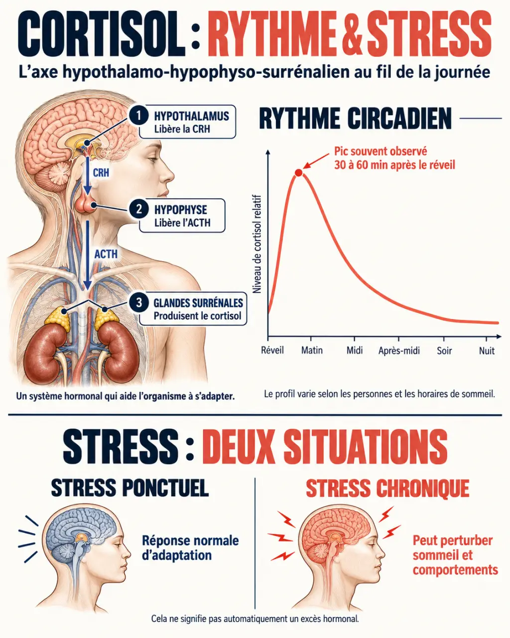 Infographie sur la détox cortisol, le rythme circadien et le fonctionnement de l'axe hypothalamo-hypophyso-surrénalien