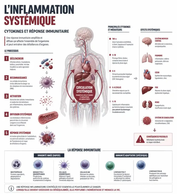 Infographie expliquant l'inflammation systémique et la fatigue profonde liée aux douleurs articulaires
