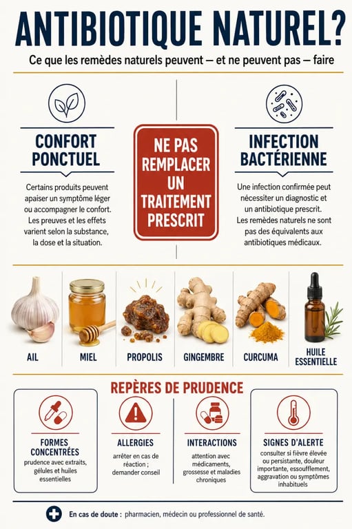 Antibiotique naturel : distinction entre remèdes de confort, précautions et traitement médical