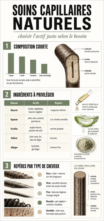 Soins capillaires naturels : infographie des ingrédients et du choix selon le type de cheveux