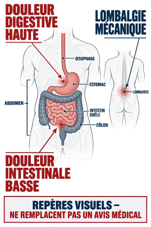 Schéma explicatif d’une brûlure intestinale et d’un mal de dos avec les zones digestives et lombaires