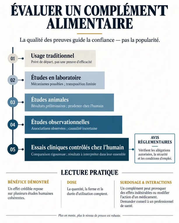 Avis compléments alimentaires : hiérarchie des preuves scientifiques, efficacité et risques