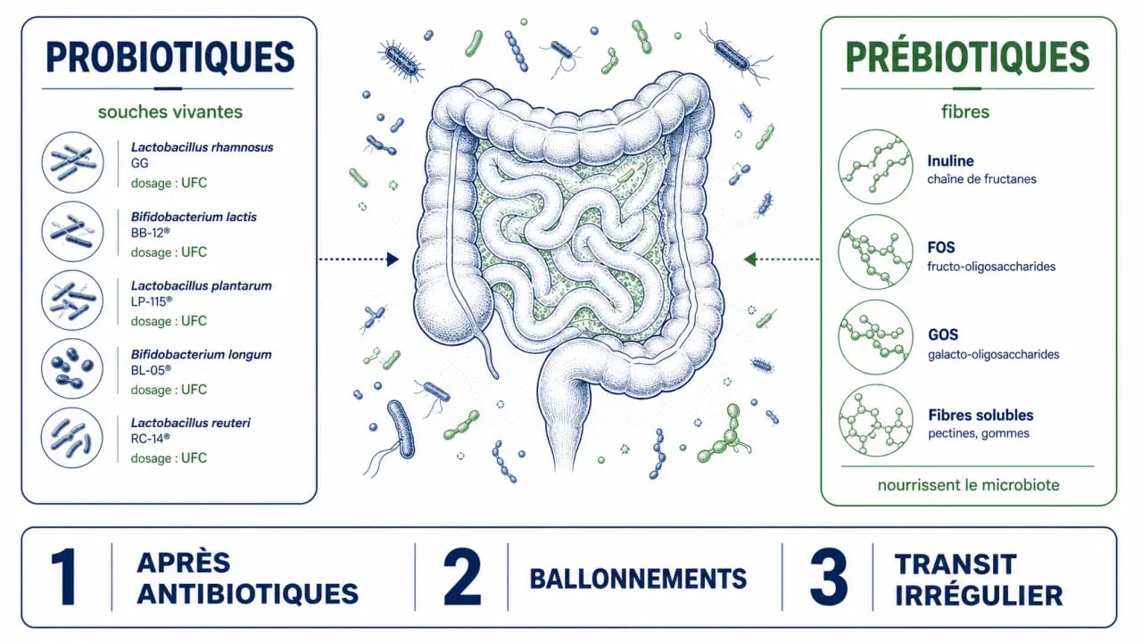 Infographie sur le complément alimentaire flore intestinale avec probiotiques, prébiotiques et cas d’usage