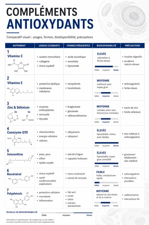 Compléments alimentaires anti oxydant : comparatif visuel des actifs, bénéfices et précautions