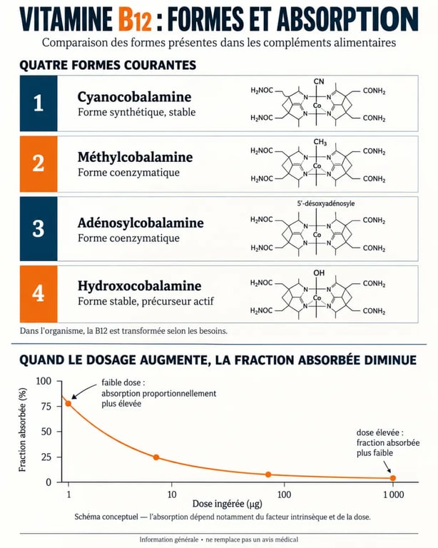 Infographie sur les compléments alimentaires de vitamine B12, les formes de cobalamine et l’absorption selon le dosage