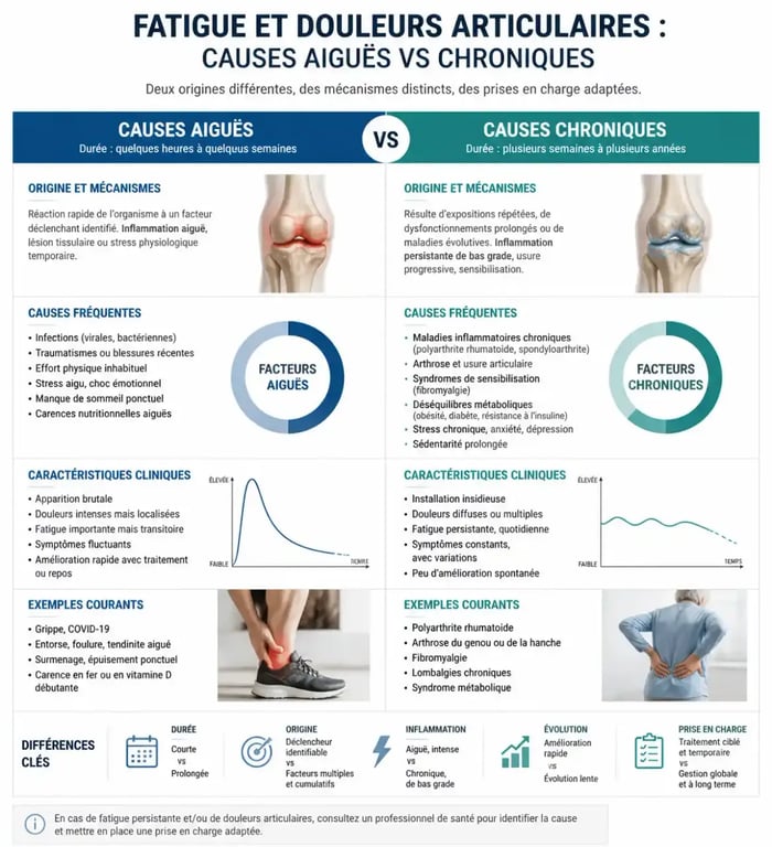 Comparatif visuel entre les causes aiguës et chroniques de la fatigue et des douleurs articulaires