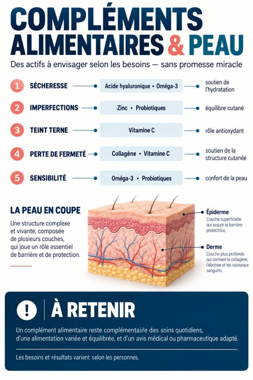 Infographie sur le complément alimentaire peau selon le besoin cutané et l’actif