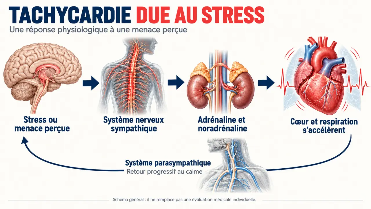 Infographie sur la tachycardie du au stress et le mécanisme stress adrénaline cœur